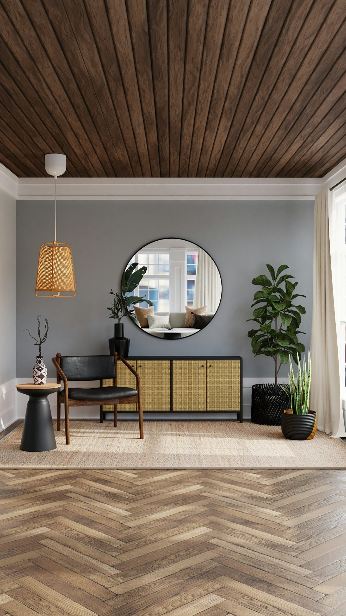 Elegant room with wooden ceiling